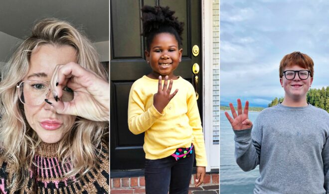 Sara, Brooke and Henry each stand, holding up the number of fingers that represent how many signs of diabetes they or their loved ones saw before they got diagnosed with diabetes.
