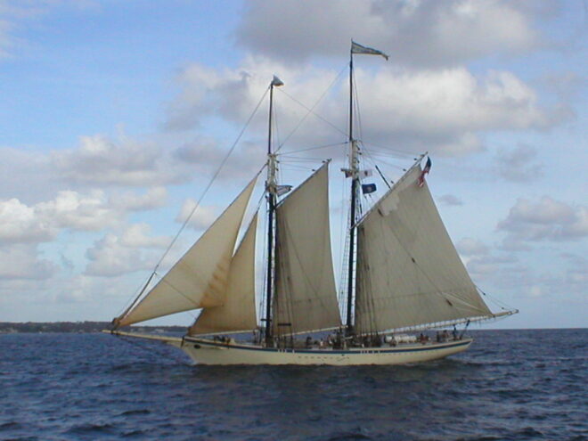 A large old boat with three large white sails floats on the ocean against a softly cloudy sky