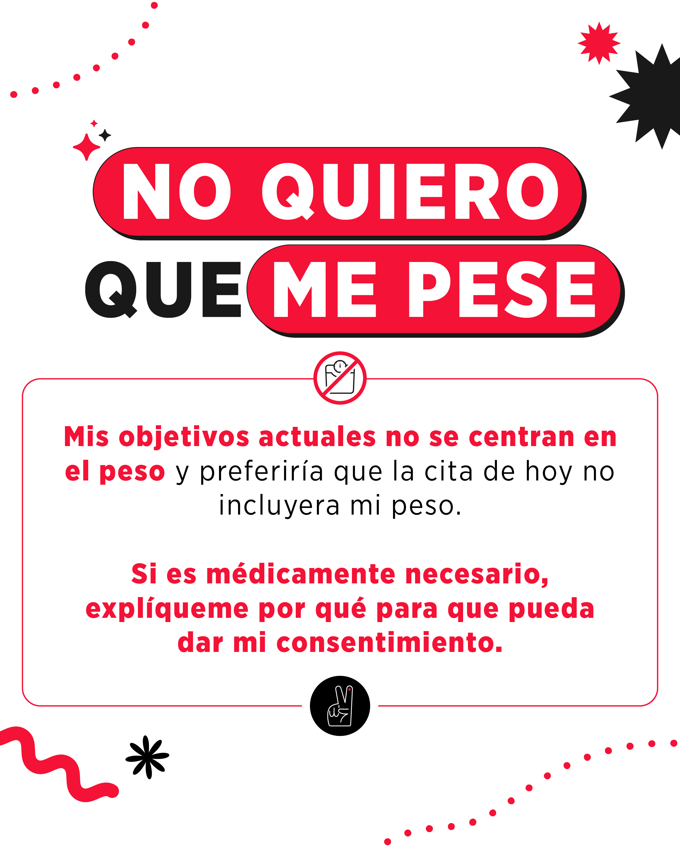 White background, with black and red decorative shapes, text that says "I do not want to be weighed".