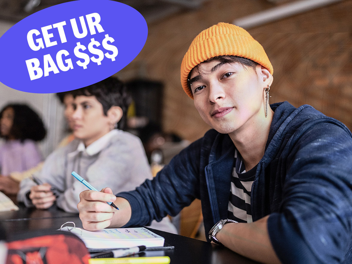 Student looking at camera-Get Ur Bag text